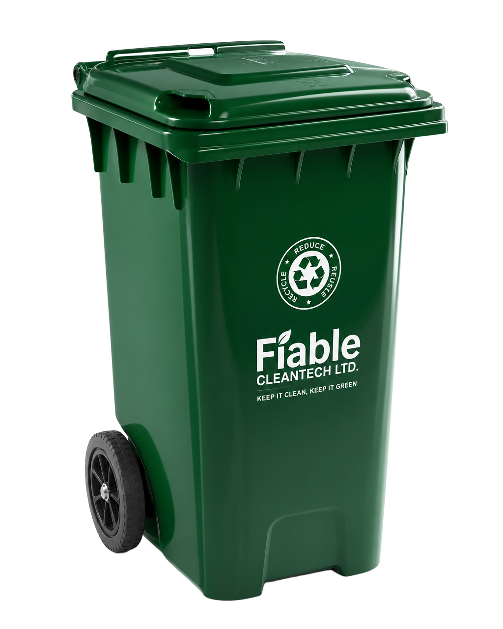 Fiable Cleantech branded green wheeled plastic dustbin