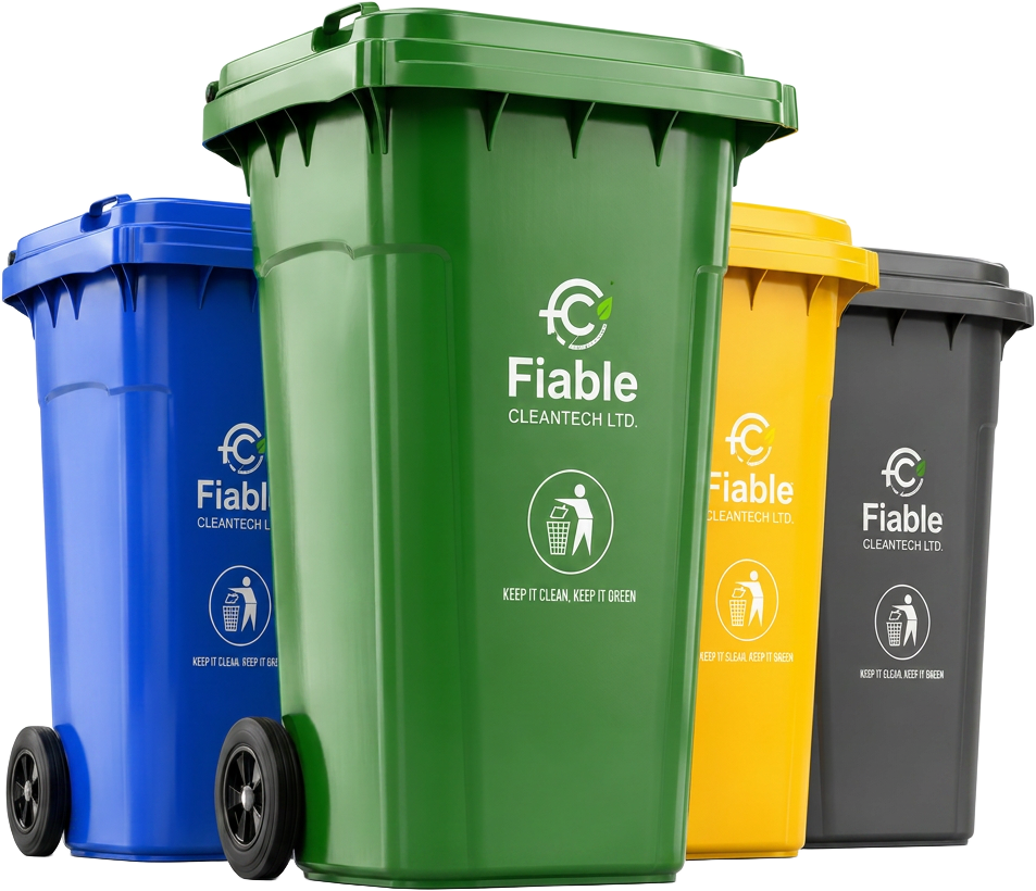 Green, blue, yellow and grey premium wheeled plastic dustbins manufactured by Fiable Cleantech